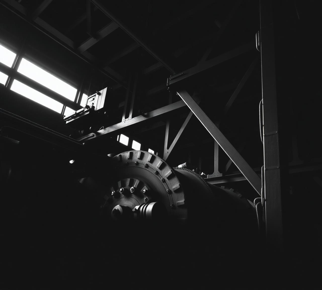 Industrial machinery and structural steel framework in dramatic low light